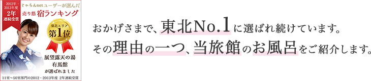 おかげさまで、東北No.1に選ばれ続けています。その理由の一つ、当旅館のお風呂をご紹介します。